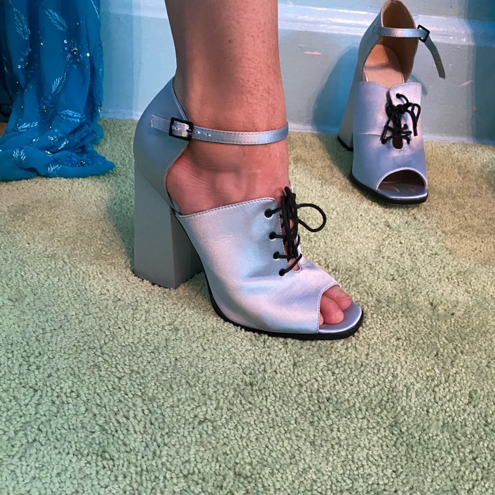 Blue satin lace up heels